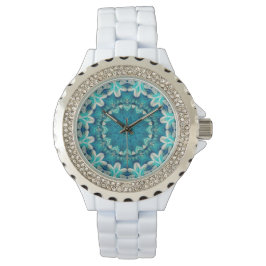Relógio Azul Aqua Mandala Rosette Retro Hippie