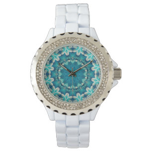 Relógio Azul Aqua Mandala Rosette Retro Hippie