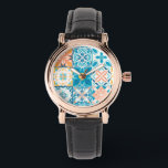 Relógio azulejos ornamentados em azul e laranja<br><div class="desc">Azulejos coloridos desenhados à mão,  design decorativo floral,  azulejos ornamentados</div>
