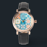 Relógio azulejos ornamentados em azul e laranja<br><div class="desc">Azulejos coloridos desenhados à mão,  design decorativo floral,  azulejos ornamentados</div>