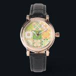 Relógio azulejos ornamentados em verde e amarelo<br><div class="desc">Azulejos coloridos desenhados à mão,  design decorativo floral,  azulejos ornamentados</div>