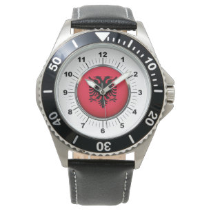 Relógio Bandeira da Albânia: Black Leather Strap Watch