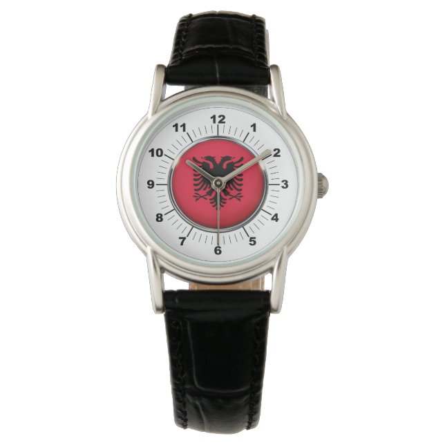Relógio Bandeira da Albânia Classic Black Leather Watch (Frente)