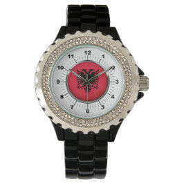Relógio Bandeira da Albânia Rhinestone Black Enamel Watch