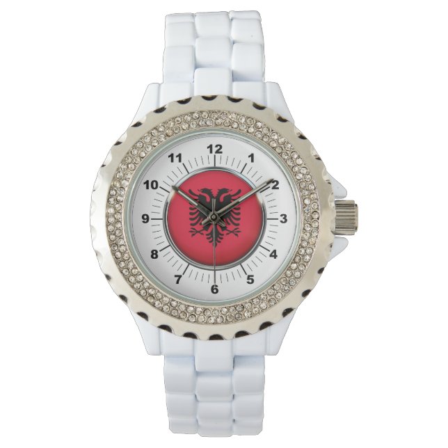 Relógio Bandeira da Albânia, Rhinestone White Enamel Watch (Frente)