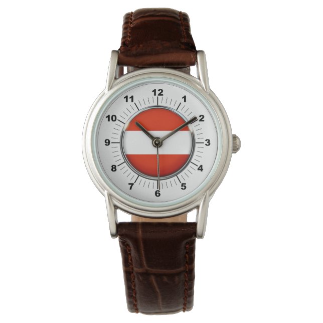 Relógio Bandeira da Áustria, Brown Leather Strap Watch (Frente)