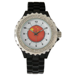 Relógio Bandeira da China Rhinestone Black Enamel Watch