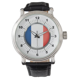 Relógio Bandeira da França, Black Leather Strap Watch