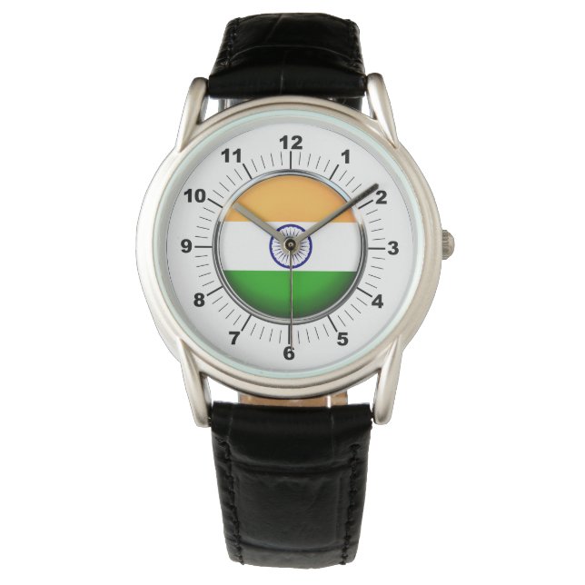 Relógio Bandeira da Índia, Black Leather Strap Watch (Frente)