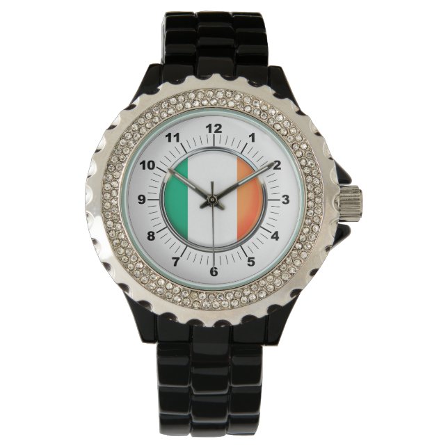 Relógio Bandeira da Irlanda Rhinestone Black Enamel Watch (Frente)