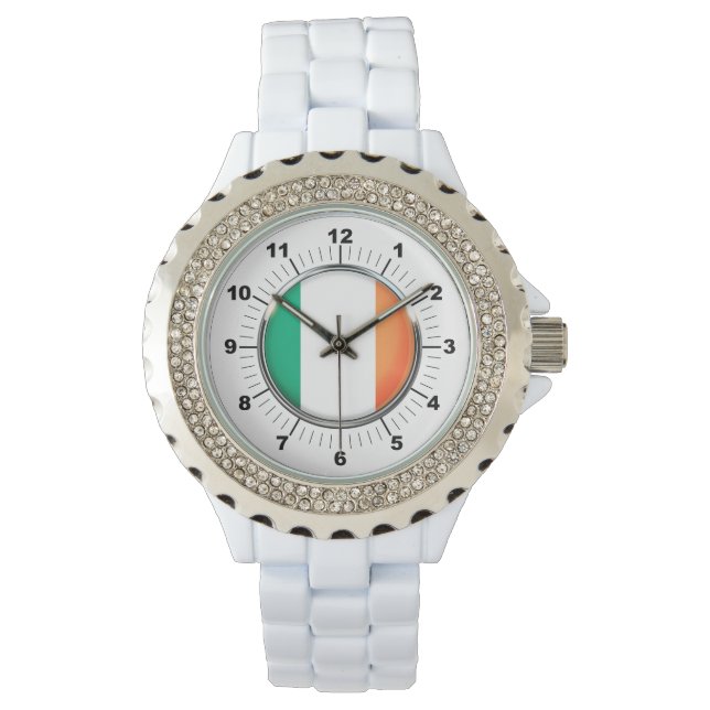 Relógio Bandeira da Irlanda Rhinestone White Enamel Watch (Frente)