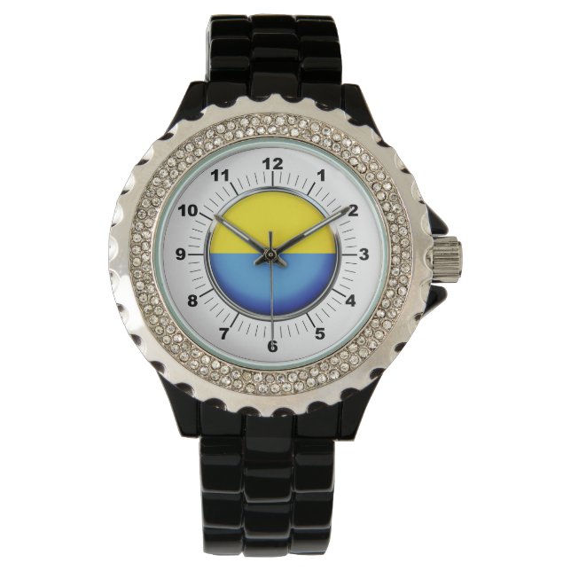 Relógio Bandeira da Ucrânia Rhinestone Black Enamel Watch (Frente)