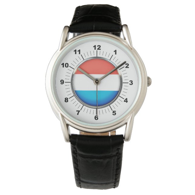 Relógio Bandeira do Luxemburgo, Black Leather Watch (Frente)