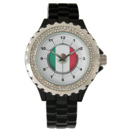 Relógio Bandeira do México Rhinestone Black Enamel Watch