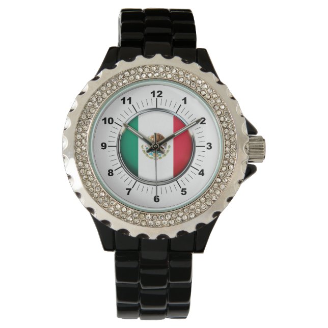 Relógio Bandeira do México Rhinestone Black Enamel Watch (Frente)