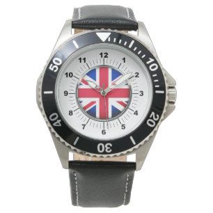 Relógio Bandeira do Reino Unido: Black Leather Strap Watch