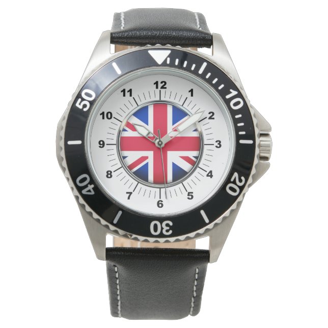 Relógio Bandeira do Reino Unido: Black Leather Strap Watch (Frente)
