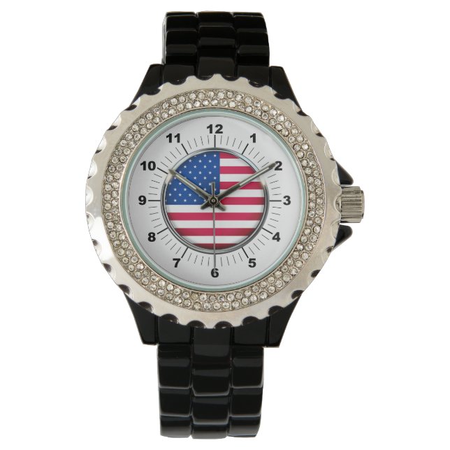 Relógio Bandeira dos EUA Rhinestone Black Enamel Watch (Frente)
