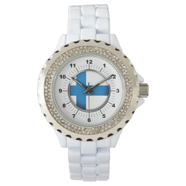 Relógio Bandeira finlandesa Rhinestone White Enamel Watch (Frente)
