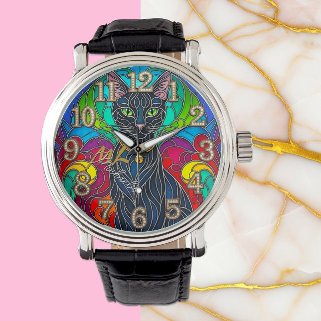 Relógio Bela Gata Negra com Gelado, Arte Mosaico (Black Cat Art Watch / Monogram)