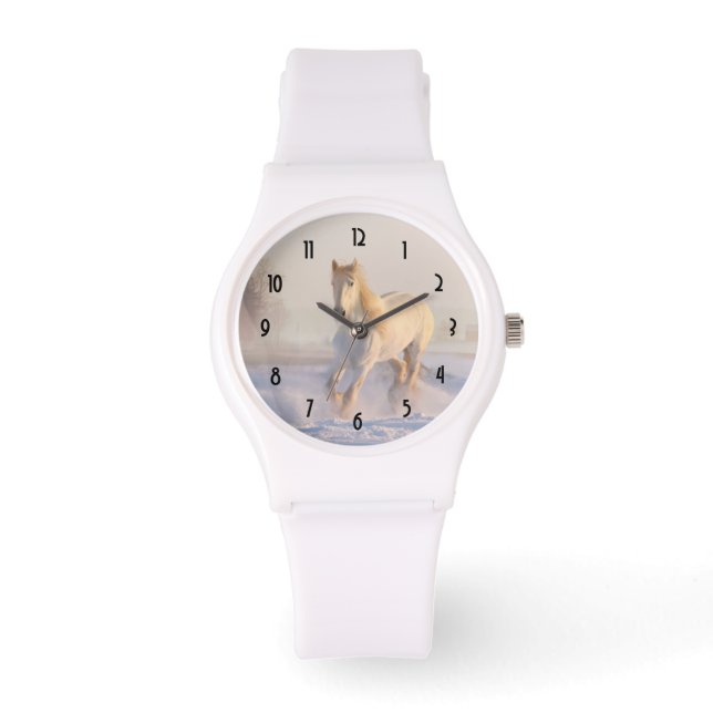 Relógio Belo Cavalo Branco Galopando na Neve (Frente)