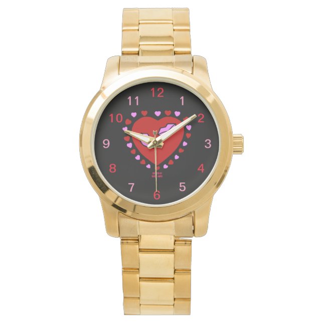 Relógio Belo Coração Beijos Unisex Dourado Watch (Frente)