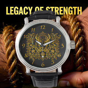 Relógio Bisão Dourada Entre Flores