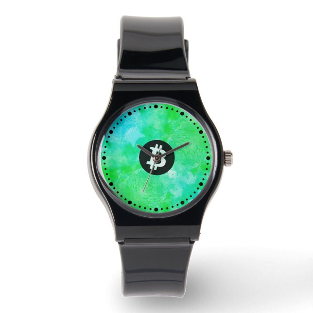 Relógio Bitcoin Watercolor (Style $ - Green Day) (Frente)