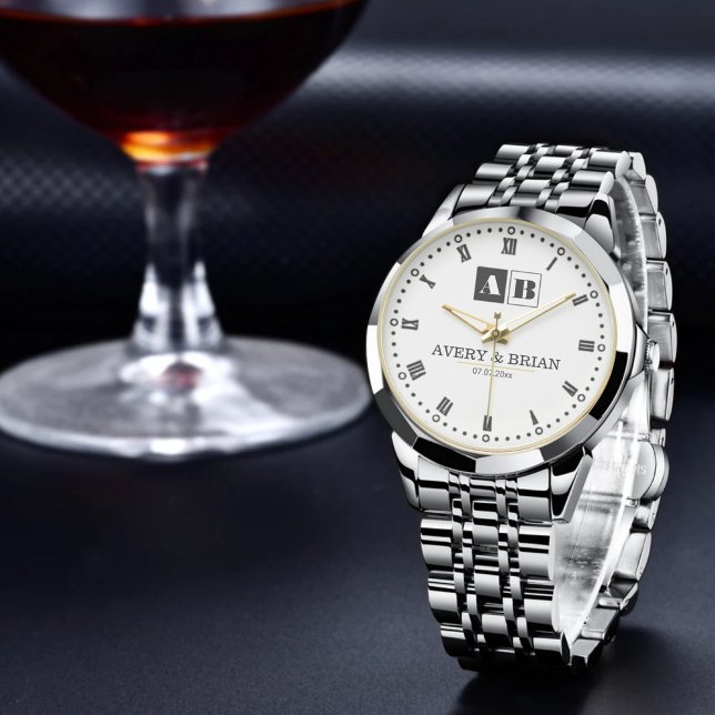 Relógio Black and White Monogram Wedding  (Criador carregado)