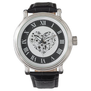 Relógio Black and White Music Notes Heart Wrist Watch