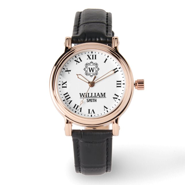 Relógio Black and white Roman numeral classic monogram (Frente)