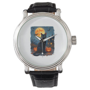 Relógio Black Cat Starry Night Van Gogh Pumpkins Bats Hall