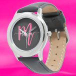 Relógio Black Modern Script Negra-Quente Girls Nome do Mon<br><div class="desc">Acessorize com elegância usando nosso Hot Pink Modern Script Girls Monograma Name Watch! Este na moda apresenta uma face rosa-quente vibrante, personalizada com seu nome em um script moderno para uma aparência exclusiva e personalizada. Perfeito para adicionar um pop de cor a qualquer equipamento, ele combina moda com funcionalidade. O...</div>