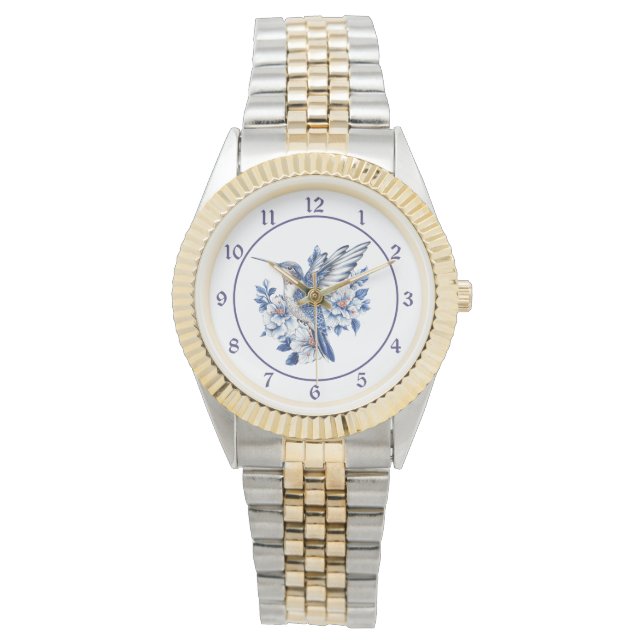 Relógio Blue Floral Hummingbird (Frente)