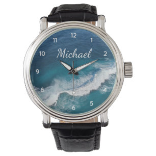 Relógio Blue Green Ocean Summer Beach Waves Nome Personali