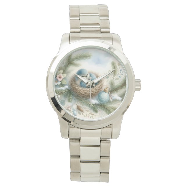 Relógio Bluebird Nest with Ornaments in Winter Pines (Frente)