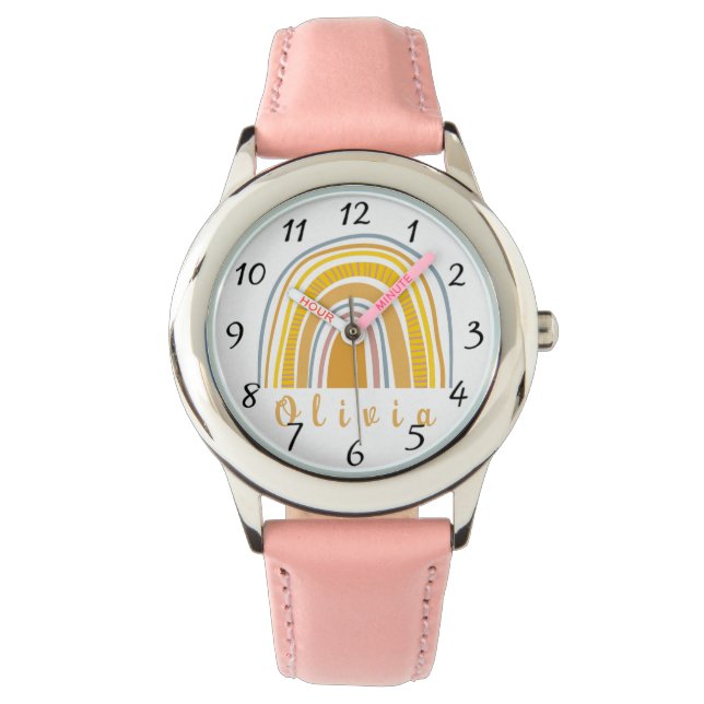 Relógio Boho Arco-íris com Nome Personalizado Whimsical (Frente)