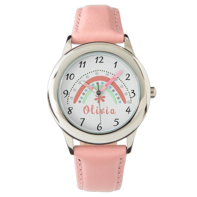 Relógio Boho Floral Arco-Íris Com Nome Personalizado (Frente)