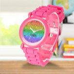 Relógio Boho Rainbow Glitter Glitter Glitter Meninas Rosa<br><div class="desc">Cuidado com o arco-íris. Menina,  perfeita para as crianças. Personalize-o com o nome do seu filho.</div>