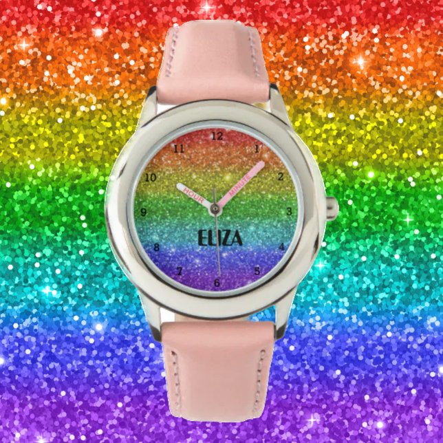 Relógio Boho Rainbow Glitter Glitter Glitter Meninas Rosa  (Criador carregado)