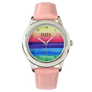 Relógio Boho Rainbow Watercolor Meninas Cutes Rosa Nome da
