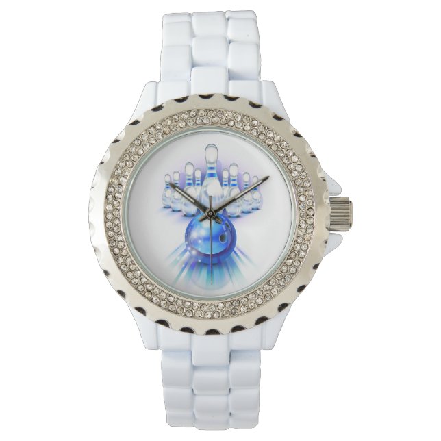 Relógio Bola de boliche azul em movimento e pinos (Frente)