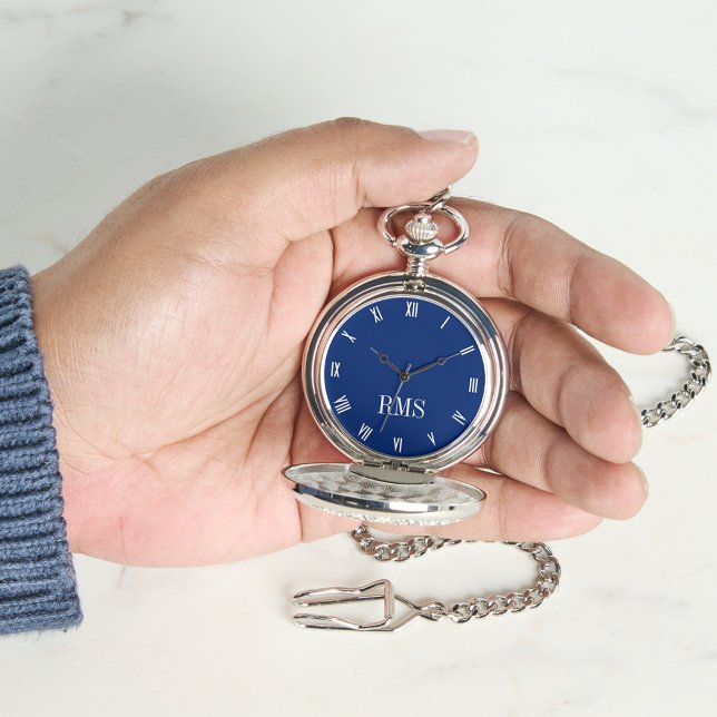 Relógio Bolso de Monograma Azul Silver Marinho de Timepece (Classic Timepiece Navy Blue Silver Monogram Pocket Watch)