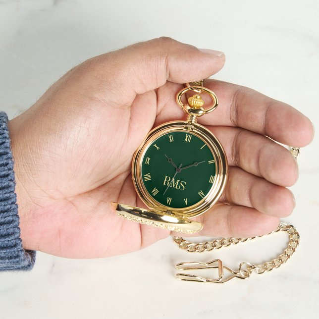 Relógio Bolso Retroativo Clássico Monograma Verde Dourado  (Forest Green Gold Monogrammed Classic Retro Pocket Watch)