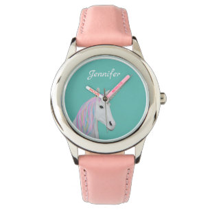 Relógio Bonito Rainbow Unicorn Custom Name Kid's Pink