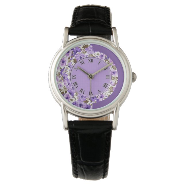 Relógio Bonito Roxo e White Floral Wrist Watch 3 (Frente)