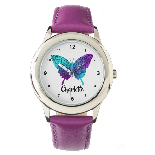 Relógio Bonito Roxo Teal Grande Borboleta Personalizada Wa (Frente)
