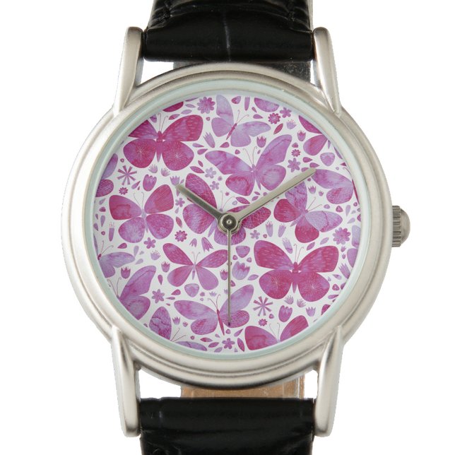 Relógio Borboleta Aquarela Rosa (Magenta pink and white watercolor butterfly pattern watch)