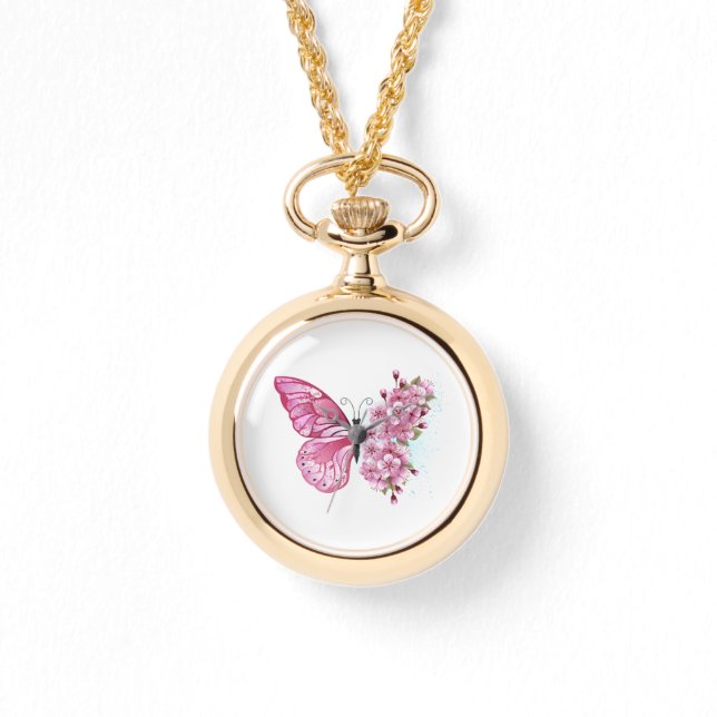 Relógio Borboleta Flor com Sakura Rosa (Frente)