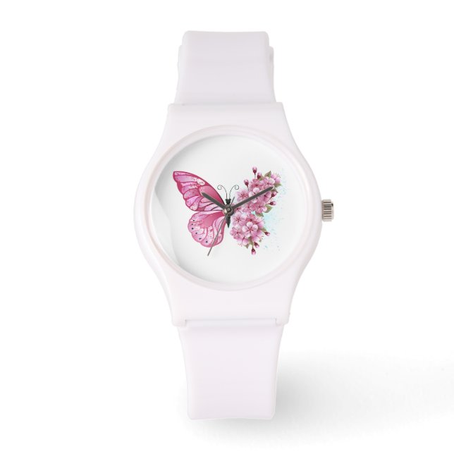 Relógio Borboleta Flor com Sakura Rosa (Frente)